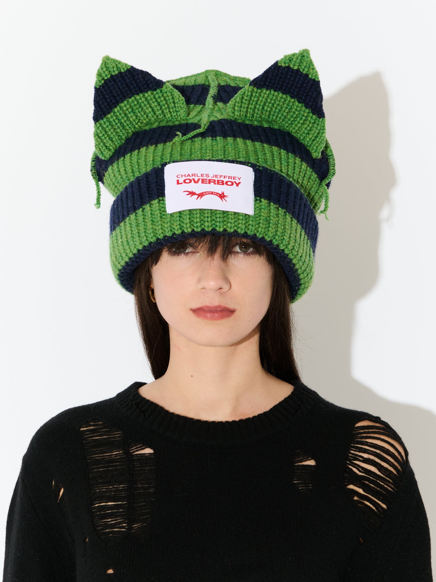SUPERSIZED CHUNKY EARS BEANIE IN GREEN NAVY - Image 3