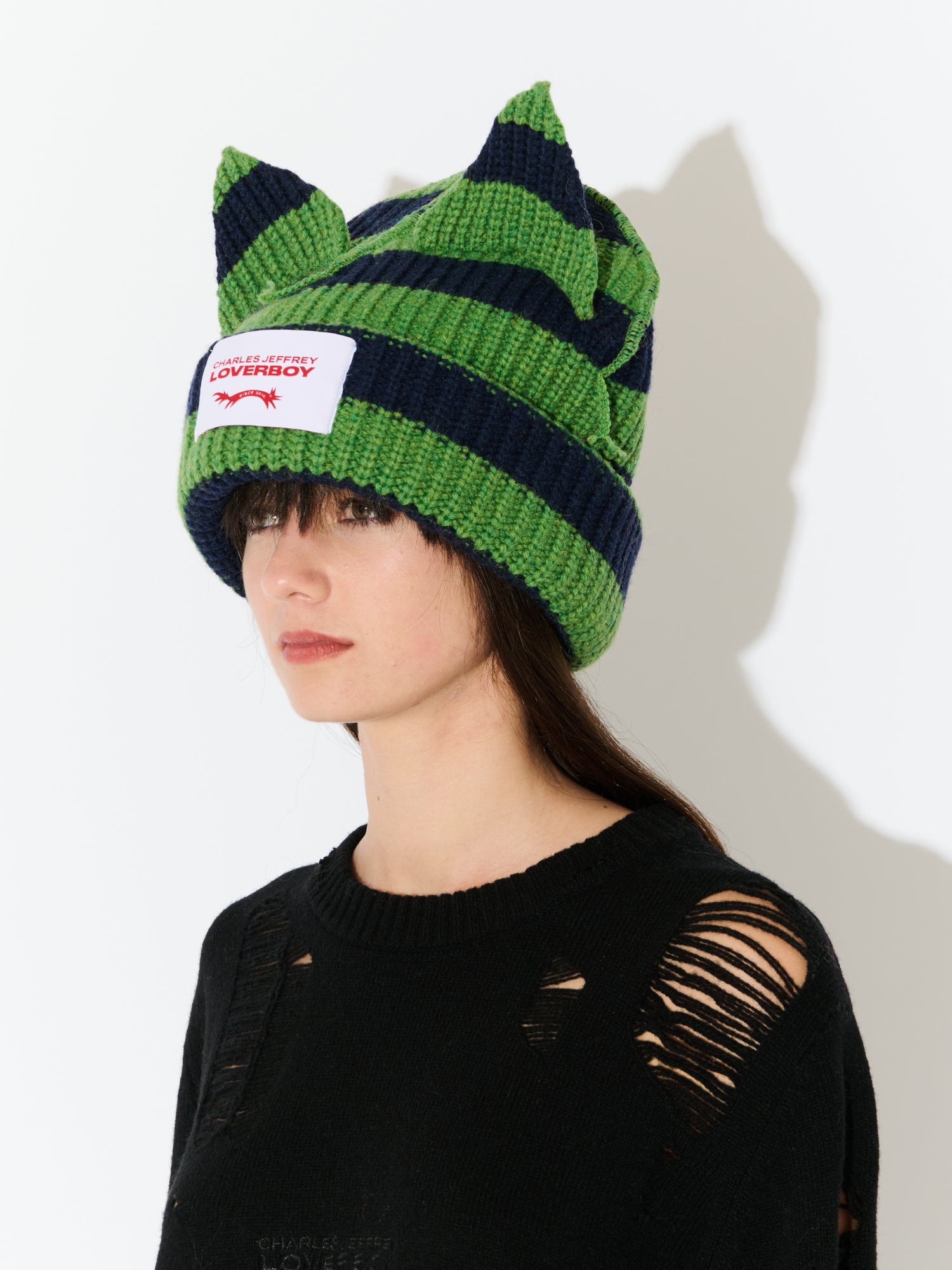 SUPERSIZED CHUNKY EARS BEANIE IN GREEN NAVY - Image 4