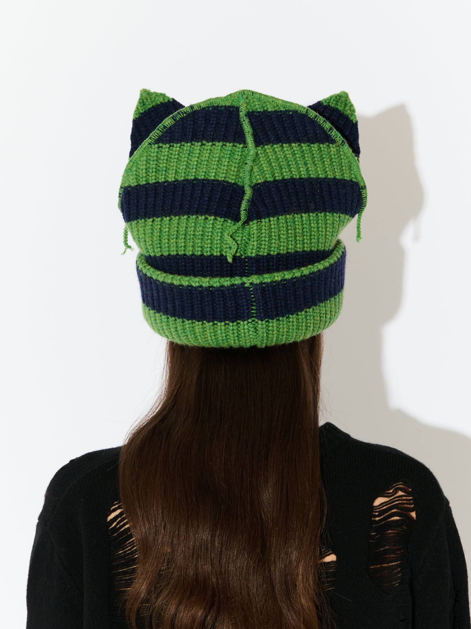 SUPERSIZED CHUNKY EARS BEANIE IN GREEN NAVY - Image 5